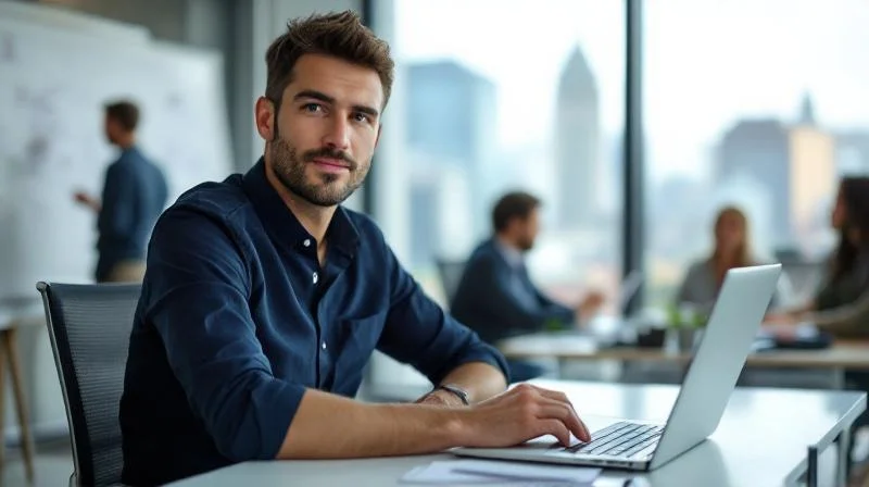 Mann im Business-Casual-Outfit schaut konzentriert auf einen Laptop-Bildschirm in einem modernen Büro in Ingolstadt