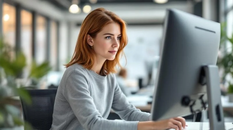 Frau arbeitet an einem Laptop in einem modernen Büro in Ingolstadt